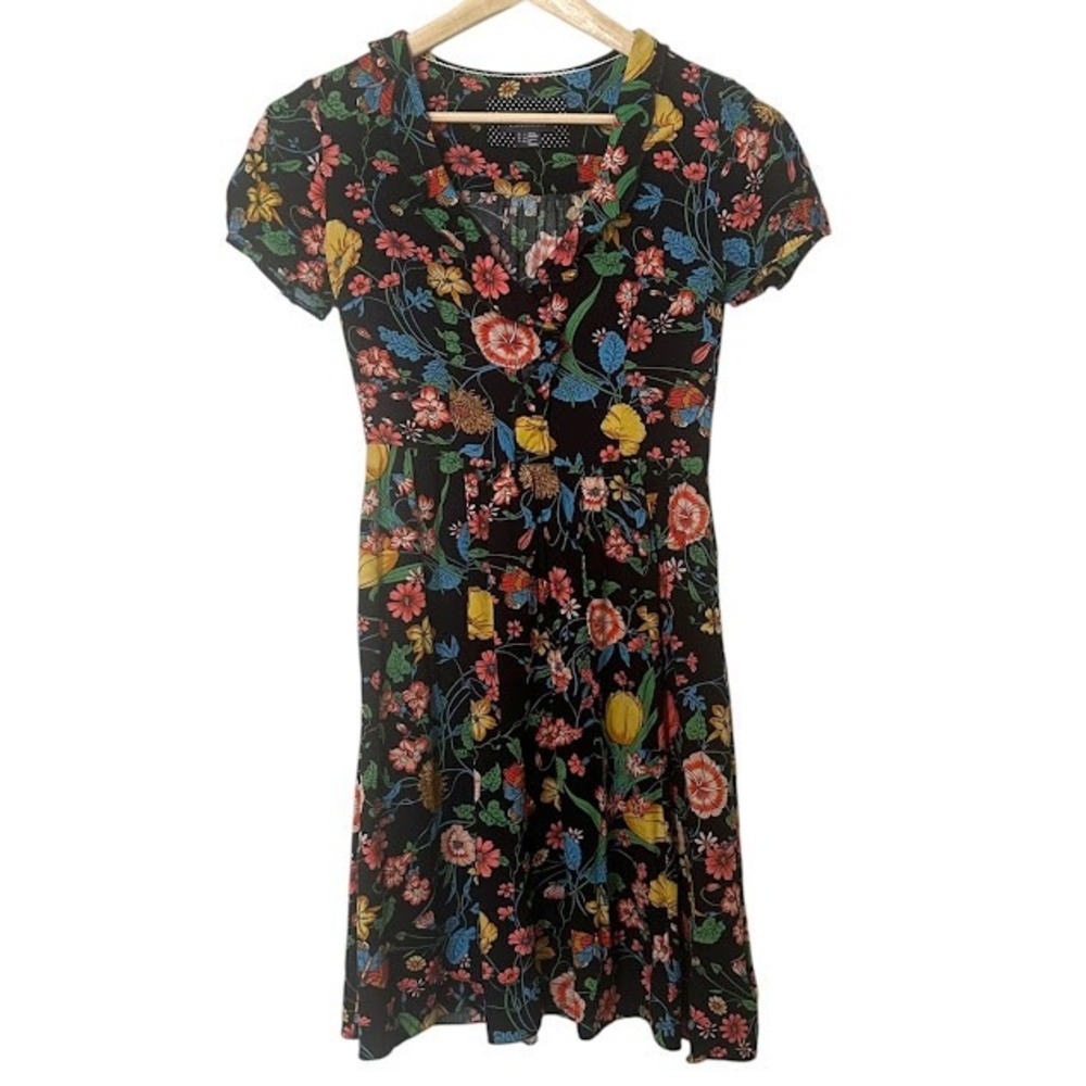 Anthropologie Maeve Black Floral Collared Shirt Button Short Sleeve Mini Dress 0 - Picture 1 of 5